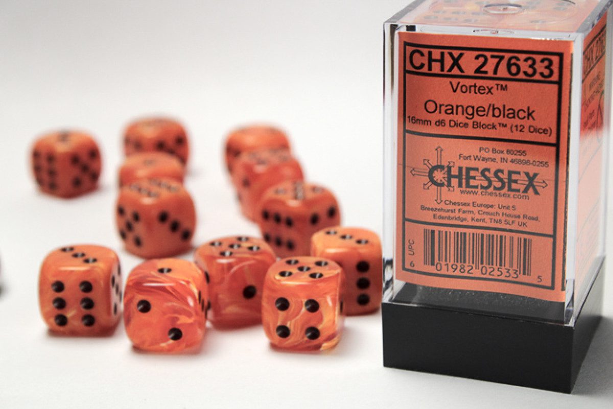 photo of Chessex: Vortex 16mm d6 Dice Block Orange/black (12 Dice)