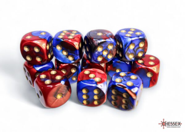 photo of Gemini Blue-Red/Gold 16mm Dice Pile