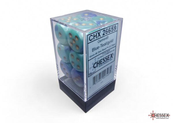 Chessex: Gemini Blue-Teal/Gold 16mm d6 Dice Block (12 Dice)