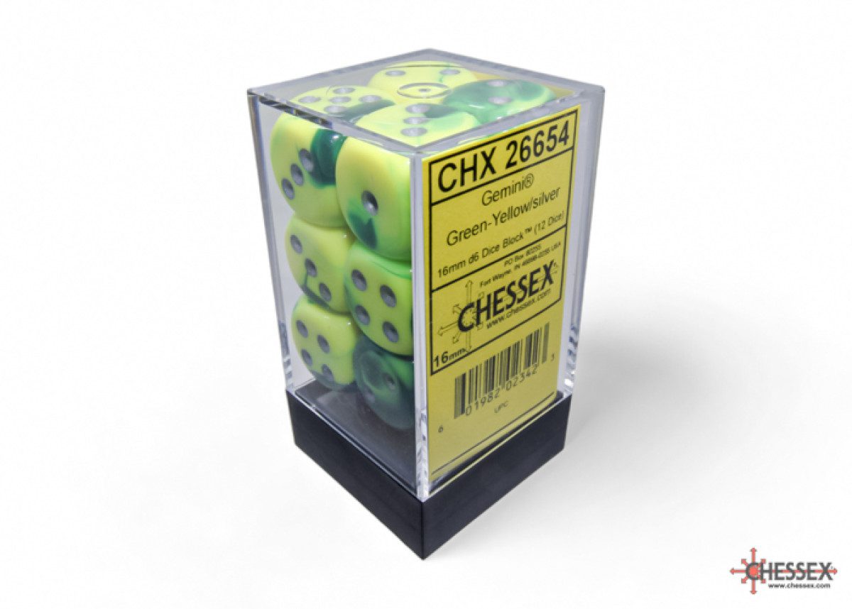 photo of Gemini Green-Yellow/Silver 16mm d6 Dice Block