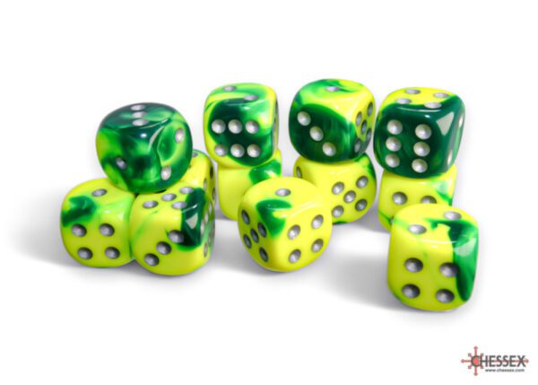 photo of Gemini Green-Yellow/Silver 16mm d6 Dice Pile