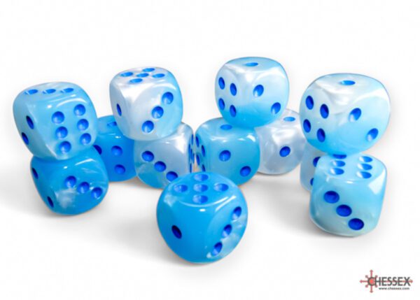 photo of Gemini Pearl Turquoise-White/Blue Luminary 16mm d6 Dice Pile