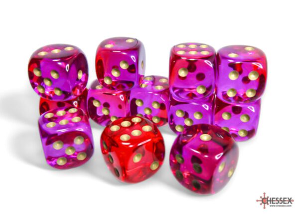 photo of Gemini Translucent Red-Violet/Gold 16mm d6 Dice Pile