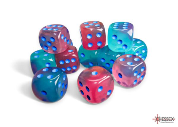 photo of Gemini Gel Green-Pink/Blue Luminary 16mm d6 Dice Pile