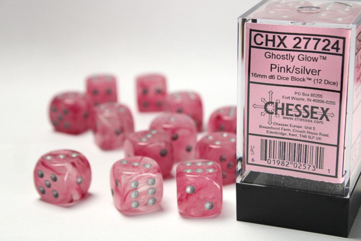 photo of Ghostly Glow Pink/Silver 16mm d6 Dice Block