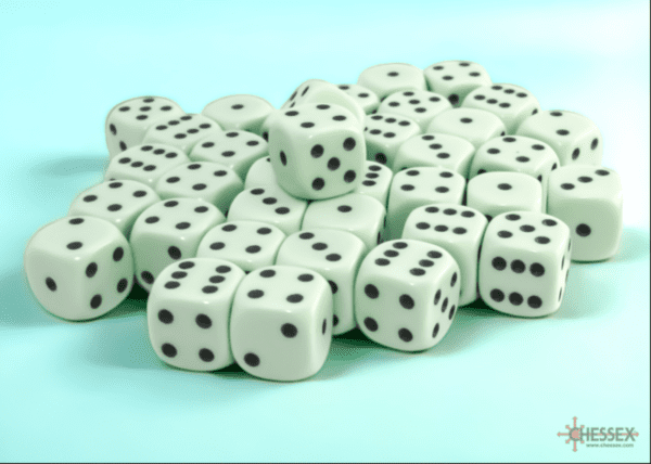 Opaque Pastel Green/Black 12mm Dice pile (36 Dice)