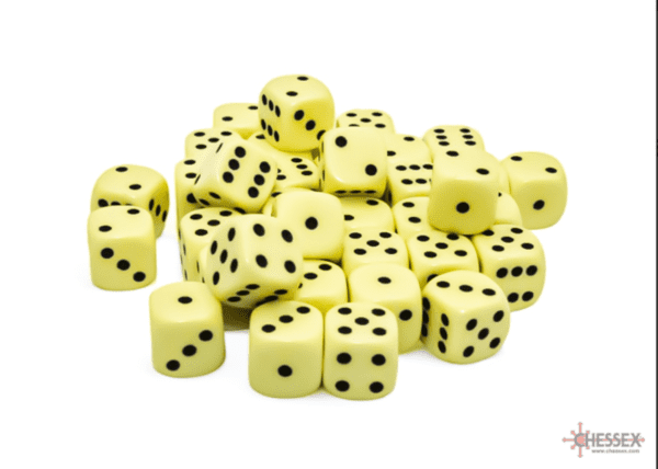 Opaque Pastel Yellow/Black 12mm d6 Dice in pile