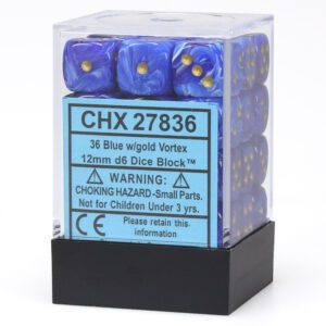 Vortex Blue/Gold 12mm d6 Dice Block (36 Dice)