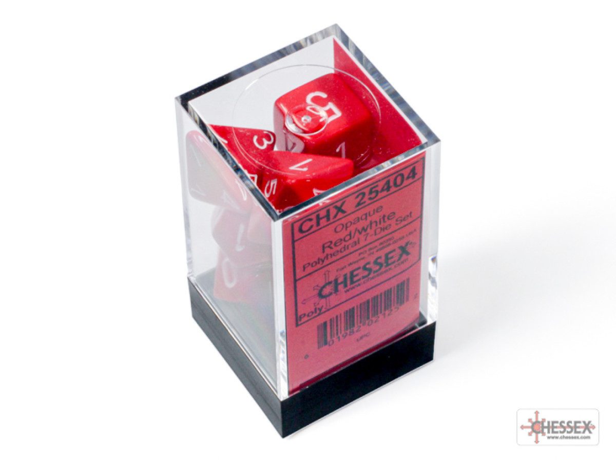 photo of Chessex: Opaque Red/White Polyhedral 7-Dice Set box