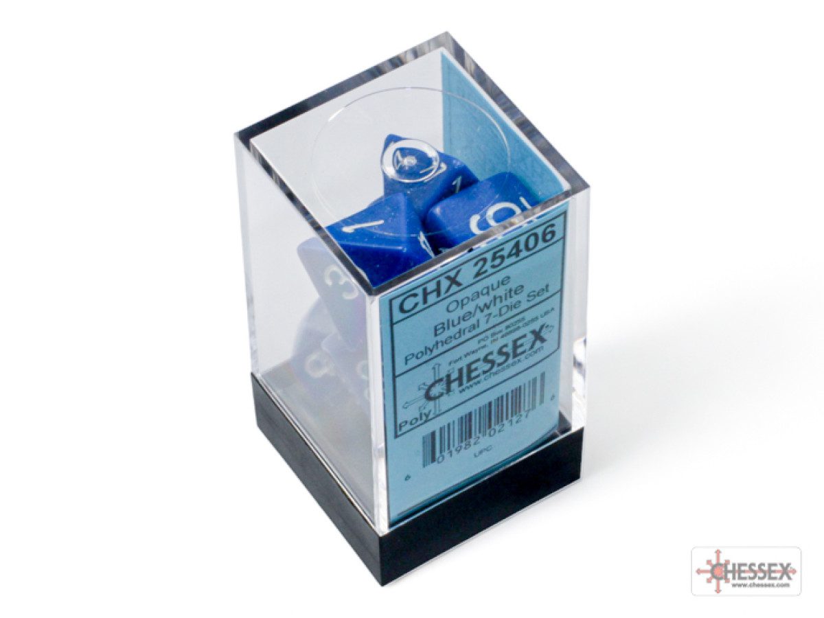 photo of Chessex: Opaque Blue/White Polyhedral 7-Dice Set box