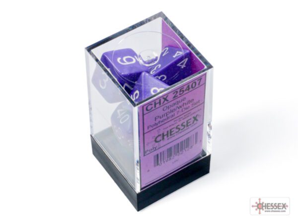 photo of Chessex: Opaque Purple/White Polyhedral 7-Dice Set box