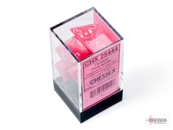 photo of Chessex: Opaque Pink/White Polyhedral 7-Dice Set box