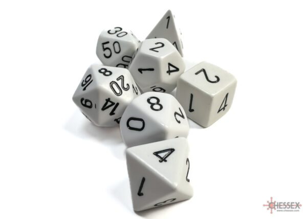 photo of Chessex: Opaque White/Black Polyhedral 7-Dice Set loose