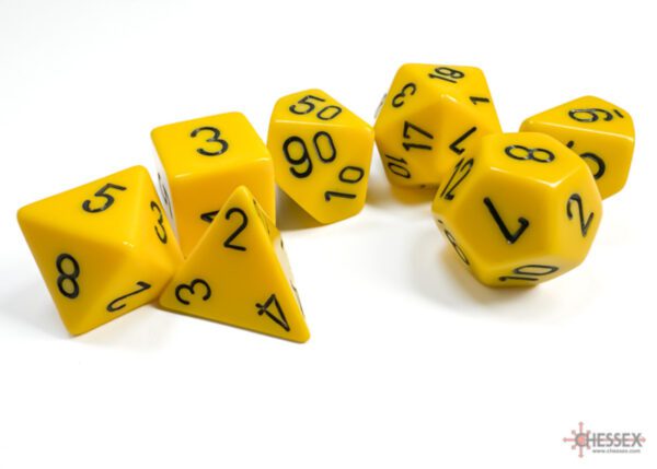 photo of Chessex: Opaque Yellow/Black Polyhedral 7-Dice Set loose