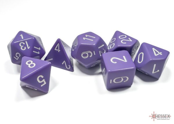 photo of Chessex: Opaque Purple/White Polyhedral 7-Dice Set loose