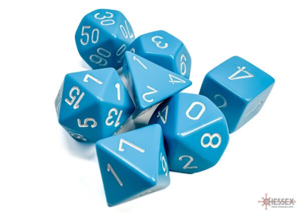 photo of Chessex: Opaque Light Blue/White Polyhedral 7-Dice Set loose