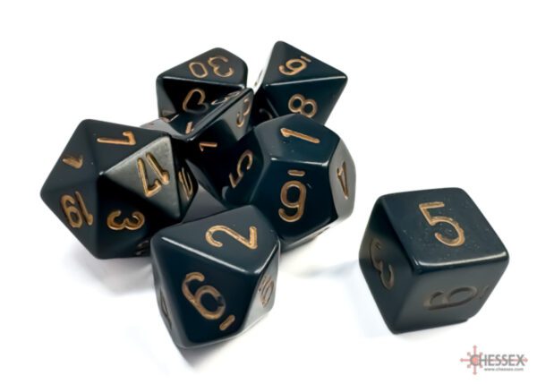 photo of Chessex: Opaque Black/Gold Polyhedral 7-Dice Set loose