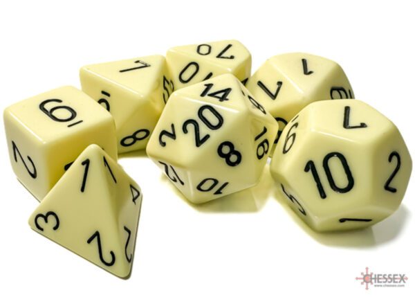 photo of Chessex: Opaque Pastel Yellow/Black Polyhedral 7-Dice Set loose