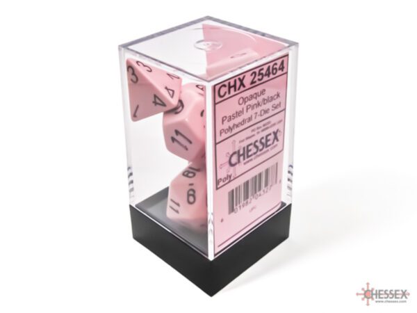 photo of Chessex: Opaque Pastel Pink/Black Polyhedral 7-Dice Set box