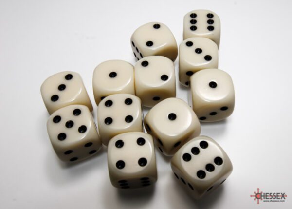 photo of Chessex: Opaque Ivory/Black 16mm d6 Dice Block (12 dice) loose