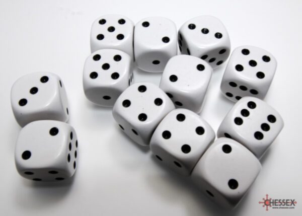 photo of Chessex: Opaque White/Black 16mm d6 Dice Block (12 dice) loose