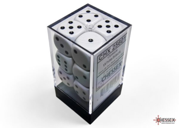 photo of Chessex: Opaque White/Black 16mm d6 Dice Block (12 dice) box