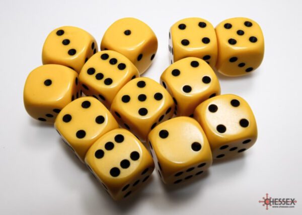 photo of Chessex: Opaque Yellow/Black 16mm d6 Dice Block (12 dice) loose