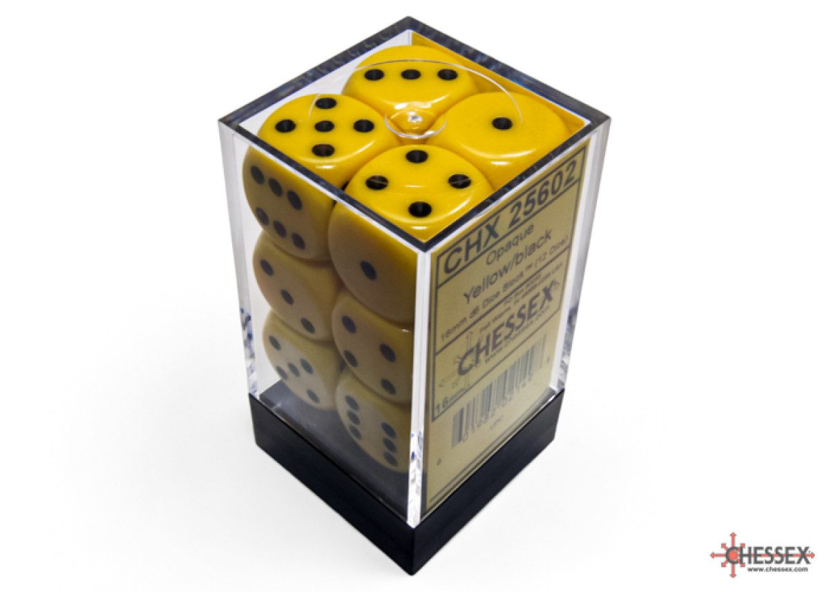 photo of Chessex: Opaque Yellow/Black 16mm d6 Dice Block (12 dice) box