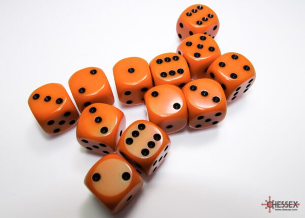 photo of Chessex: Opaque Orange/Black 16mm d6 Dice Block (12 dice) loose