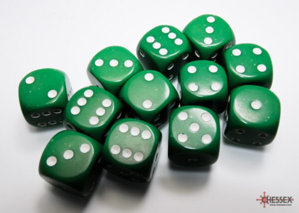 photo of Chessex: Opaque Green/White 16mm d6 Dice Block (12 dice) loose