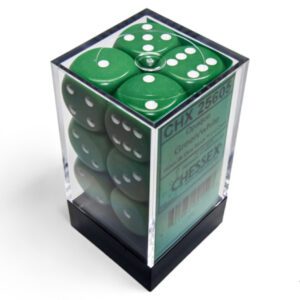 photo ot Chessex: Opaque Green/White 16mm d6 Dice Block (12 dice) box