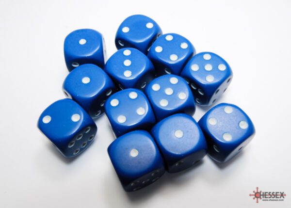 photo of Chessex: Opaque Blue/White 16mm d6 Dice Block (12 dice) loose