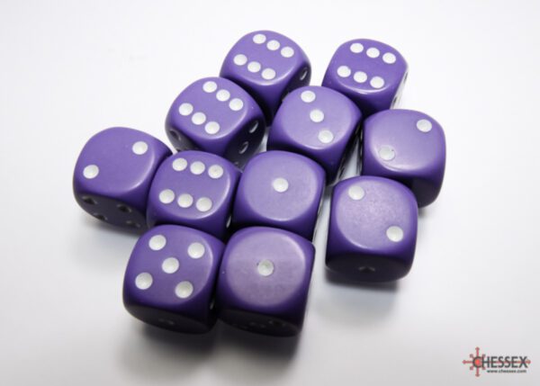 photo of Chessex: Opaque Purple/White 16mm d6 Dice Block (12 dice) loose