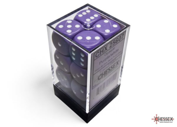 photo of Chessex: Opaque Purple/White 16mm d6 Dice Block (12 dice) box