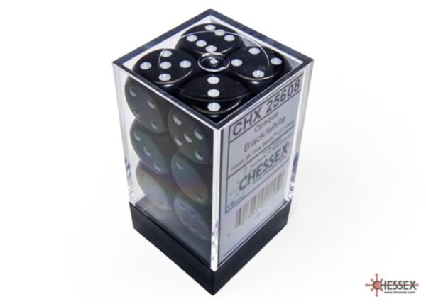 photo of Chessex: Opaque Black/White 16mm d6 Dice Block (12 dice) box