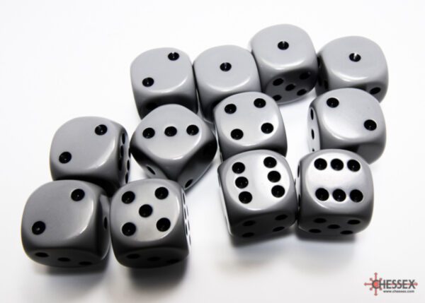 photo of Chessex: Opaque Grey/Black 16mm d6 Dice Block (12 dice) loose