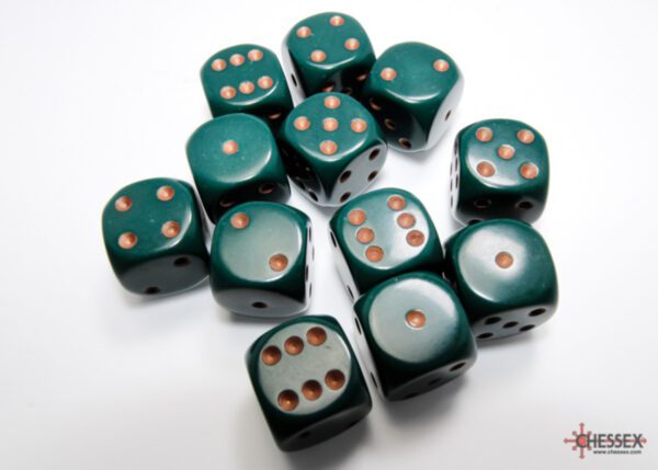 photo of Chessex: Opaque Dusty Green/Copper 16mm d6 Dice Block (12 dice) loose