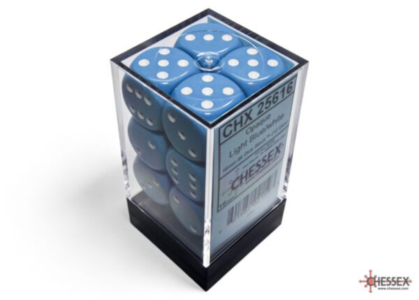 photo of Chessex: Opaque Light Blue/White 16mm d6 Dice Block (12 dice) box