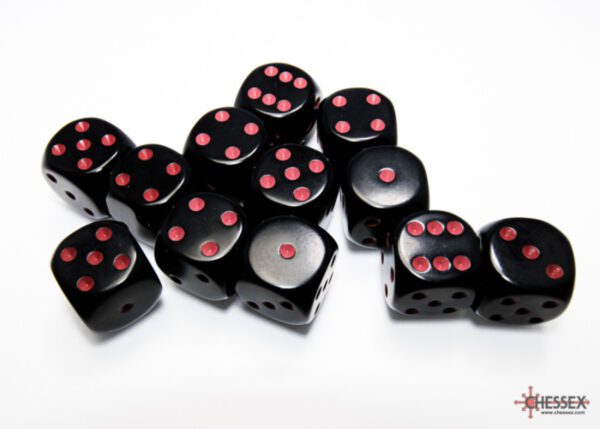 photo of Chessex: Opaque Black/Red 16mm d6 Dice Block (12 dice) loose