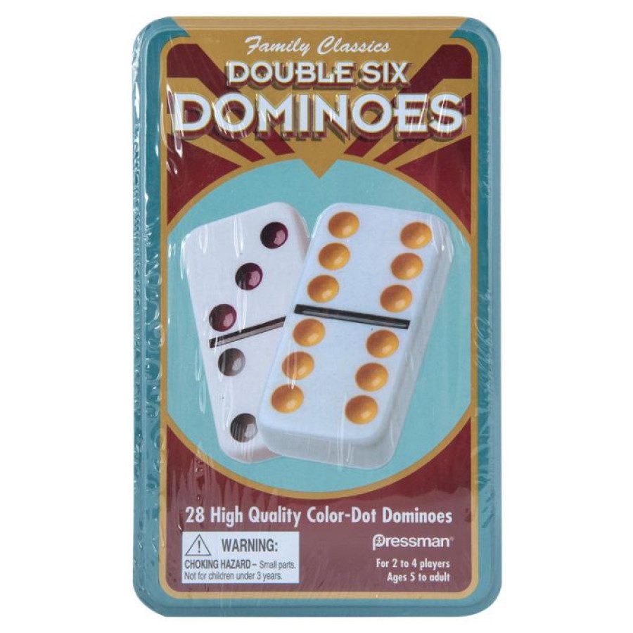 box art of Double Six Color Dot Dominoes in Tin