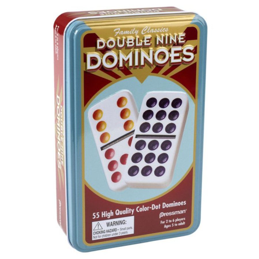 box art of Double Nine Color Dot Dominoes in Tin