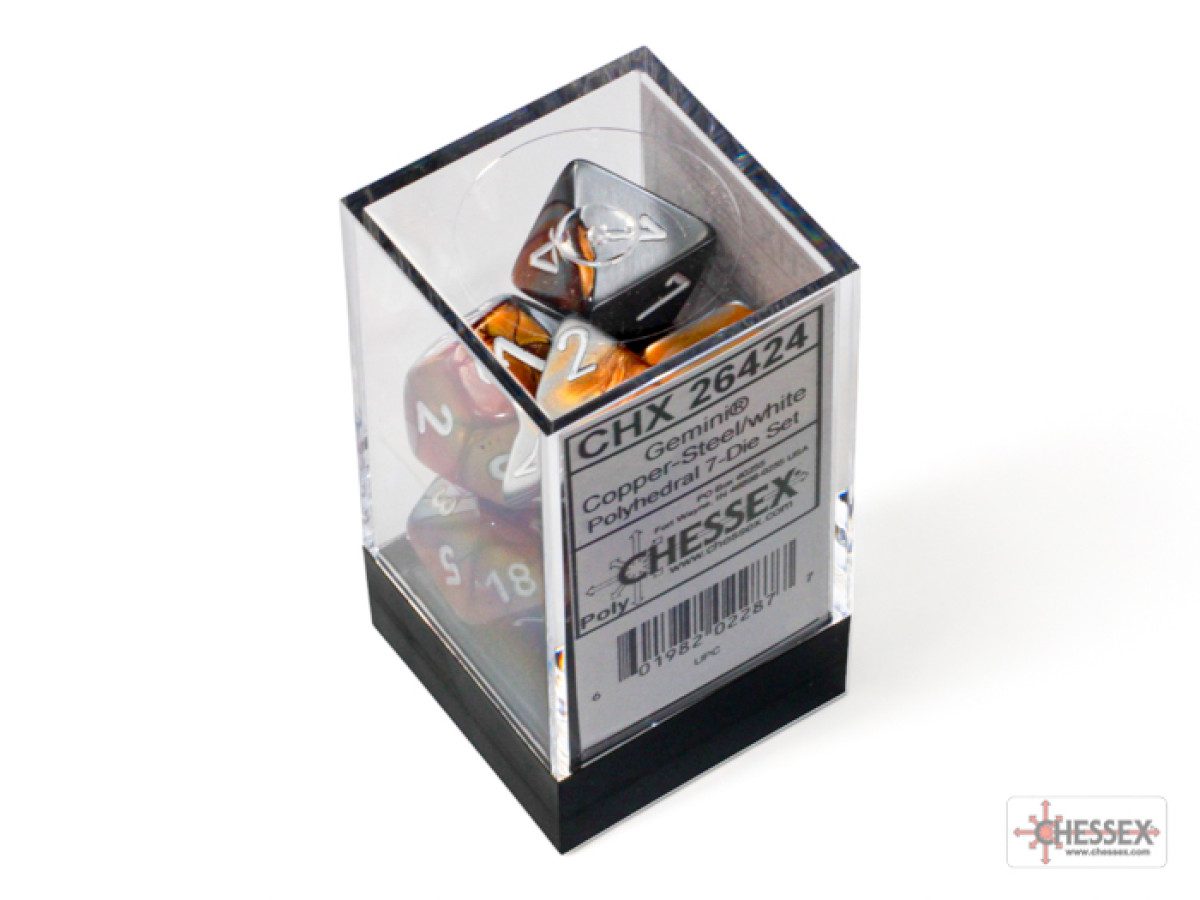 image of Chessex: Gemini Copper-Steel/white Polyhedral 7-Dice Set display