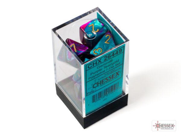 image of Chessex: Gemini Purple-Teal/Gold Polyhedral 7-Dice Set display