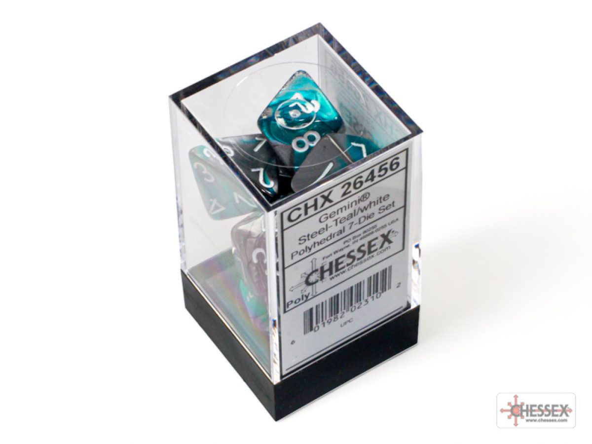 image of Chessex: Gemini Steel-Teal/White Polyhedral 7-Dice Set display