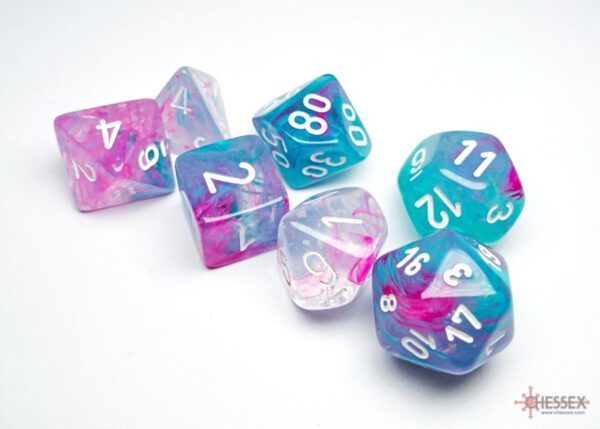 image of Chessex: Nebula Wisteria/White Luminary Polyhedral 7-Dice Set example