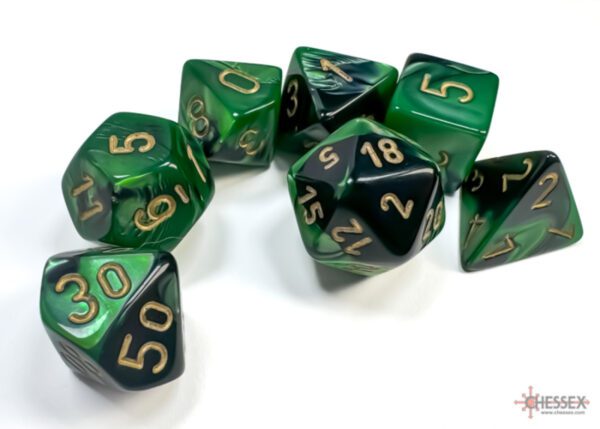 image of Chessex: Gemini Black-Green/Gold Polyhedral 7-Dice Set sample