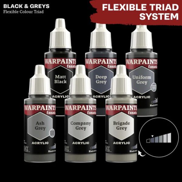 image of Army Painter Warpaints Fanatic black and greys flex color triad