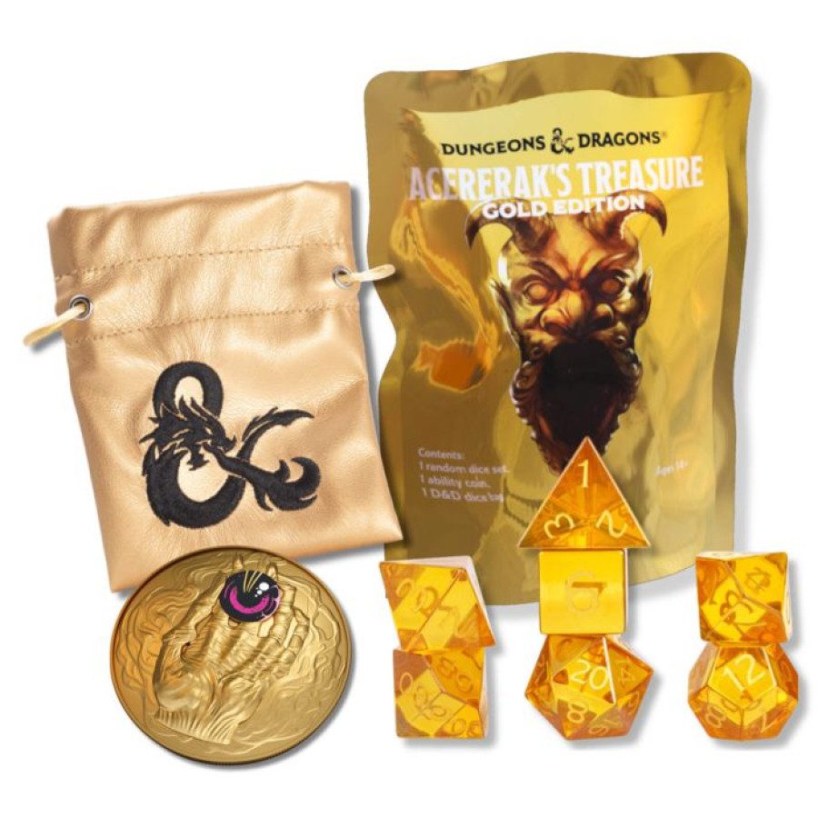 image of Dungeons & Dragons: Acererak`s Treasure - Gold Edition packaging and gold dice, dice bag, and coin.