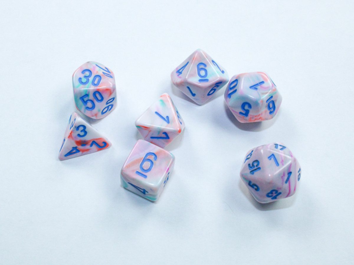 image of Chessex: Festive Mini-hedral Pop Art/Blue 7-Die set