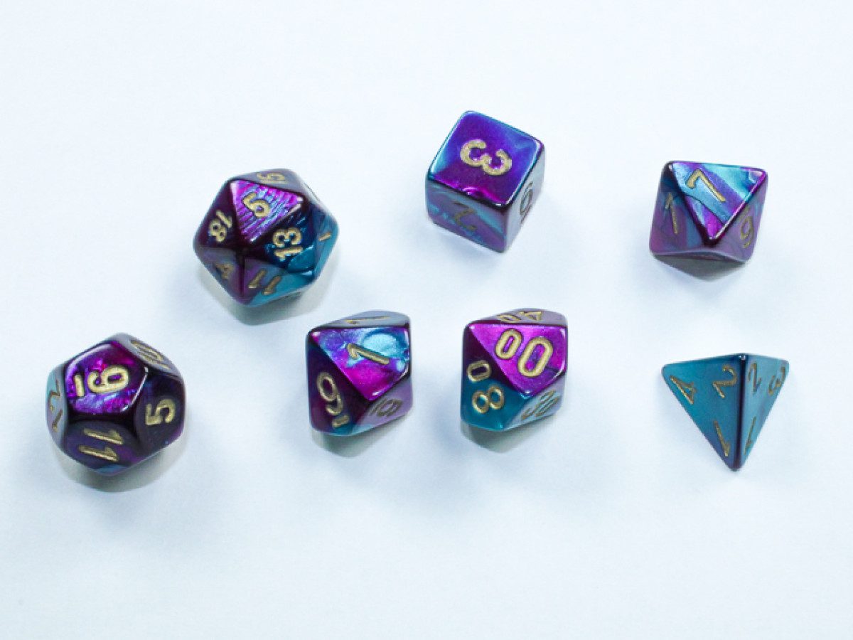 photo of Chessex Gemini Mini-hedral Purple-Teal/Gold 7-Die Set